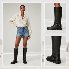 Tuhoomall Stylish Knee High Boots For Women | Comfortable Chunky Heel | Everyday Casual & Travel Use | Solid Color With Metallic Buckle