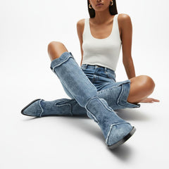 Tuhoomall Western Style Knee High Boots for Women, Retro Chunky Heels, Distressed Denim, Chic Pointed Toe, All-Season Slip-On Comfort