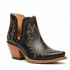 Tuhoomall Stylish Women's Ankle Boots, Chunky 2.36 in Heel, Slip-On Design, Embroidered Details, All-Season Fashion