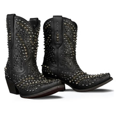 Tuhoomall Chunky Heel Western Short Ankle Boots for Women - Studded Design, Slip-On Comfort, Versatile for Travel and Weddings