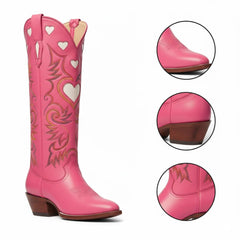 Tuhoomall Western Knee High Boots With Rubber Sole, 5cm Chunky Heel, Embroidered Sweet Pink Hearts For Casual Fashion All Year Round