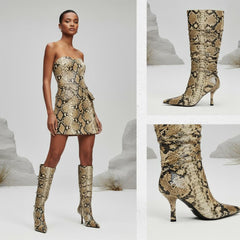 Tuhoomall Fashion Casual Knee High Boots for Women, Snakeskin PU, Pointed Toe, Adjustable Buckle, Rubber Sole, Chic Street Style