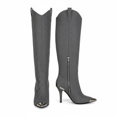 Tuhoomall Stylish High Heel Ankle Boots with Zipper, 10cm Stiletto, Rubber Sole, Metallic Shine, Denim Finish for Fashion, Casual, Office