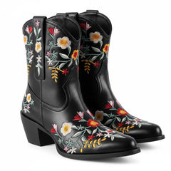Tuhoomall Stylish Western Ankle Boots with Floral Embroidery, Rubber Sole, Chunky 5cm Heel for Classic and Casual Looks