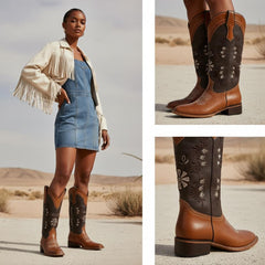 Tuhoomall Western Style Low Heel Ankle Boots with Floral Stitching - Perfect for Casual Office Wear and Everyday Fashion - Durable Rubber Sole and Leather Upper