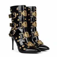 Tuhoomall Fashion Stiletto Mid Calf Boots With Pointed Toe And Zipper Closure, Multi-Strap Design Featuring Buckle And Hardware Accessories For Party And Street Wear Tuhoomall