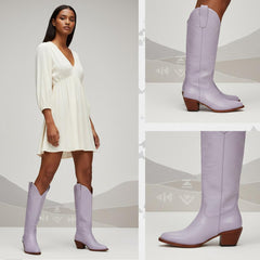 Tuhoomall Western Knee-High Boots, Embroidered Design, Comfortable Rubber Sole, Perfect for Fashion and Travel