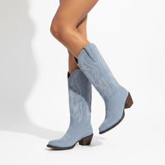 Tuhoomall Western Embroidered Pointed Toe Chunky Heel Slip-On Mid Calf Boots for Women, Retro Casual Style, Perfect for Weddings and Everyday Wear