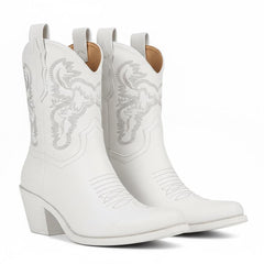 Tuhoomall Comfortable Western Ankle Boots for Fashion, Travel, and Leisure - Embroidered Genuine Leather, 5.5cm Chunky Heel, Slip-On Design