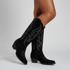 Tuhoomall Western Embroidered Pointed Toe Chunky Heel Slip-On Mid Calf Boots for Women, Retro Casual Style, Perfect for Weddings and Everyday Wear