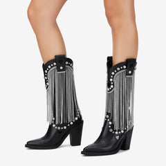 Tuhoomall Chunky Heel Western Rhinestone Booties with Fringes for Fashion Events, Pointed Toe, Slip-On Style, All-Day Comfort, Eye-Catching Design