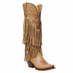 Tuhoomall Western Knee-High Cowboy Boots, Chunky Heel, Fringe & Studs, Retro Style, Casual Wear, All Seasons