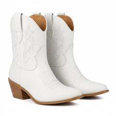 Tuhoomall Western Ankle Boots with Embroidered Pattern, 5cm Chunky Heel, Slip-On Design for Fashion and Travel, Durable Synthetic Fabric Lining