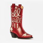 Tuhoomall Comfortable Western Boots for Fashion Parties and Daily Wear with Star and Letter Embroidery, Chunky Heel, Slip-On Design Tuhoomall