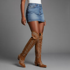 Tuhoomall Western Knee High Boots for Women, Floral Embroidery, Rubber Sole, Adjustable Buckle, Chunky Heel, All-Season Casual Wear