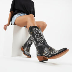Tuhoomall Mid-Calf Western Boots with Glitter Inlays and Rivets for Casual Parties and Performances