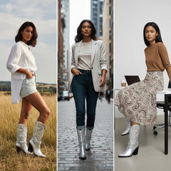 Tuhoomall Metallic Rhinestone Western Boots For Women - Pointed Toe, Block Heel, Fashion Statement For Parties, Made Of Vegan Leather And Embroidered Details