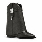 Tuhoomall Chic Almond Toe Ankle Boots with Metal Buckle, Slip-On, Wedge Heel for Fashion Parties and Casual Outings, All-Season Comfort Tuhoomall
