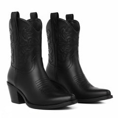 Tuhoomall Comfortable Western Ankle Boots for Fashion, Travel, and Leisure - Embroidered Genuine Leather, 5.5cm Chunky Heel, Slip-On Design
