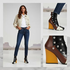 Tuhoomall Fashion Ankle Booties With Zip And Studs, Chunky Wedge Heel, Stylish For Parties And Casual Outings, All-Season Wear