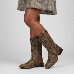 Tuhoomall Retro Western Style Mid-Calf Boots with Floral Embroidery and Sturdy Low Heel for Fashionable Casualwear