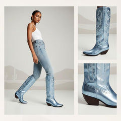 Tuhoomall Western Mid Calf Boots for Women, Embroidered Pointed Toe, Chunky Heel, Slip-On Design for Casual Style