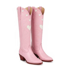 Tuhoomall Western Knee High Boots With Rubber Sole, 5cm Chunky Heel, Embroidered Sweet Pink Hearts For Casual Fashion All Year Round