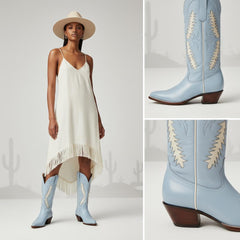 Tuhoomall Western Mid Calf Boots for Women with Rubber Sole, 5.1 cm Chunky Heel, Stylish Embroidery for Casual and Office Wear