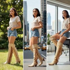 Tuhoomall Western Over Knee Boots with Fringe and Heart Pattern, Block Heel 2.76in, Zipper Closure, Faux Suede for Fashionable Boho Lifestyle