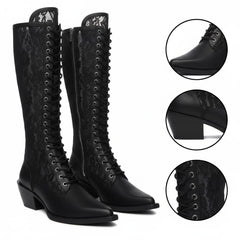 Tuhoomall Knee-High Boots With Lace-Up Design, Pointed Toe, Rubber Sole, Vintage Style, Embroidered Mesh, Casual All-Season Footwear