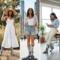 Tuhoomall Cow Pattern Western Boots for Women, Round Toe, Chunky 1.57in Heel, Casual Slip-On Mid-Calf Design, Stylish All-Season Footwear