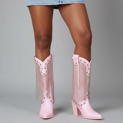 Tuhoomall Chunky Heel Western Rhinestone Booties with Fringes for Fashion Events, Pointed Toe, Slip-On Style, All-Day Comfort, Eye-Catching Design