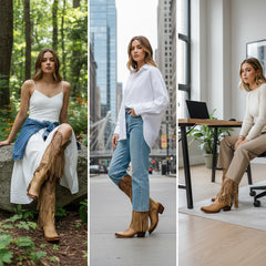 Tuhoomall Western Knee-High Cowboy Boots, Chunky Heel, Fringe & Studs, Retro Style, Casual Wear, All Seasons