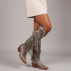 Tuhoomall Western Knee-High Cowboy Boots, Chunky Heel, Fringe & Studs, Retro Style, Casual Wear, All Seasons
