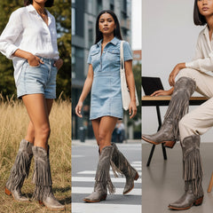 Tuhoomall Western Knee-High Cowboy Boots, Chunky Heel, Fringe & Studs, Retro Style, Casual Wear, All Seasons