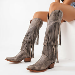 Tuhoomall Western Knee-High Cowboy Boots, Chunky Heel, Fringe & Studs, Retro Style, Casual Wear, All Seasons