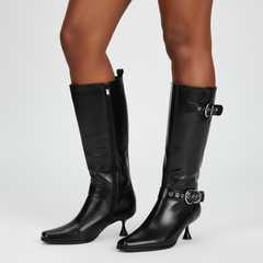 Tuhoomall Stylish Low-Cut Ankle Boots for Parties and Runway Shows, Adjustable Buckle, 5cm Kitten Heel, Solid Color with Metallic Accents, All-Season Comfort