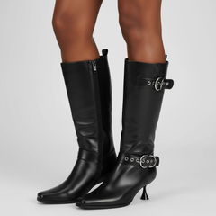 Tuhoomall Stylish Low-Cut Ankle Boots for Parties and Runway Shows, Adjustable Buckle, 5cm Kitten Heel, Solid Color with Metallic Accents, All-Season Comfort