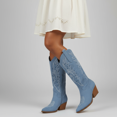 Tuhoomall Western Knee-High Boots For Women With Embroidery And Zipper, Chunky Heel For Travel, Outdoor, Fashion Casual, Party And Dance