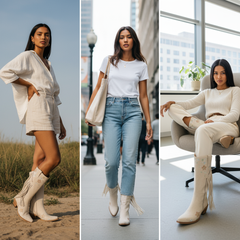 Tuhoomall Western Cowboy Boots for Women, Floral Embroidered Mid-Calf Chunky Heel, Trendy Fringe Detail, Perfect for Casual Outings and Performances