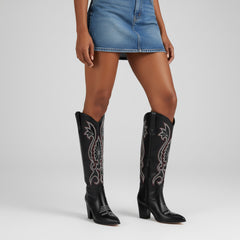 Tuhoomall Western Floral Embroidered Knee-High Boots for Women - Comfortable Slip-On Design with Chunky Heel for Parties and Daily Wear