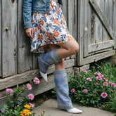 Tuhoomall Western Style Knee-High Boots with Shimmering Rhinestone Floral Print for Party and Performance, Comfort Wedge Heel, Easy On Slip-On Design Tuhoomall