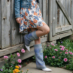 Tuhoomall Western Style Knee-High Boots with Shimmering Rhinestone Floral Print for Party and Performance, Comfort Wedge Heel, Easy On Slip-On Design