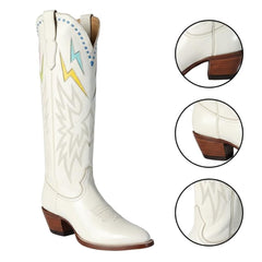 Tuhoomall Lightning Embroidered Knee High Cowboy Boots, Low Chunky Heel, Easy Slip-On Design for Parties and Performances, All-Season Fashion Footwear Tuhoomall