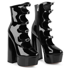 Tuhoomall Gothic High Ankle Boots for Parties and Performances, Thick Sole with Adjustable Strap, Durable Leather, 15.5cm Chunky Heels