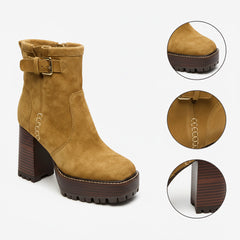 Tuhoomall Waterproof Chunky Heeled Ankle Boots for Outdoor, Work, and Casual Fashion - Adjustable Buckle, Zipper Closure, Quilted Suede