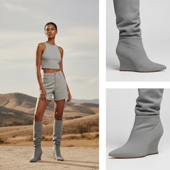 Tuhoomall Knee High Comfortable Wedge Booties With Pointed Toe For Parties, Performances, Fashion Events, Featuring Ruffled Design And Rubber Sole