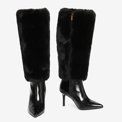 Tuhoomall Knee-High Faux Fur Booties with Zip Closure for Fashion Parties and Performances, Pointed Toe High Heels Tuhoomall