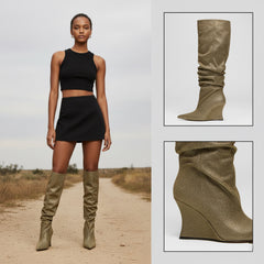 Tuhoomall Knee High Comfortable Wedge Booties With Pointed Toe For Parties, Performances, Fashion Events, Featuring Ruffled Design And Rubber Sole