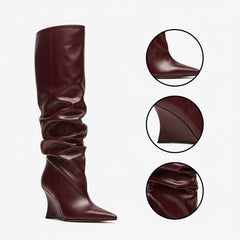 Tuhoomall Knee High Comfortable Wedge Booties With Pointed Toe For Parties, Performances, Fashion Events, Featuring Ruffled Design And Rubber Sole